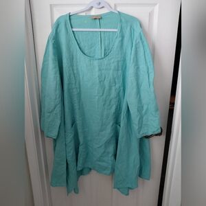 Blue Linen Lagenlook Assymetrical Top Tunic Blouse Pockets Art to Wear USA